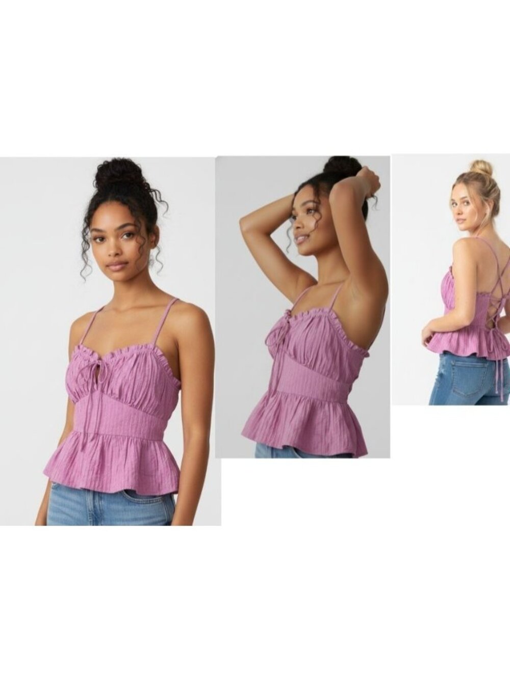 Lush Strappy Crinkle Fabric Lace Back Peplum Top, Pink Orchard, Sz. L